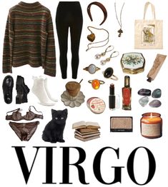 the words virgo are surrounded by various items