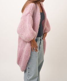 This beautiful hand knit mohair coat is made with Italian premium quality Kid Mohair. A luxury yarn made out of 80% kid mohair; 10% Lana merino extra fine; 10% Polyamide. Very light and fluffy feeling, like floating on clouds. The fuzzy hand knit women jacket is cuddly soft, no itching. Perfect for casual, dating, office and going out. Cuddly Soft Fluffy long cardigan designed to flatter all silhouettes with its wide oversized fit. Perfect for casual, dating, office, going out, party and formal Pink Mohair Winter Outerwear, Pink Mohair Long Sleeve Outerwear, Mohair Knitted Sweater Coat, Handmade Mohair Cozy Cardigan, Pink Mohair Outerwear For Fall, Cozy Pink Mohair Outerwear, Hand Knitted Mohair Outerwear, Fitted Mohair Knitted Cardigan, Hand Knitted Mohair Cardigan