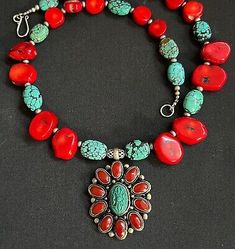 Nepalese Tibetan Blue turquoise & Red Coral pendant w/ Veined Turquoise Necklace | eBay Southwestern Style Red Necklace For Gift, Red Southwestern Turquoise Necklace For Gift, Handmade Red Artisan Turquoise Necklace, Handmade Red Turquoise Necklace For Jewelry Making, Handmade Red Turquoise Necklace As Gift, Coral Pendant, Yellow And Black, Red Coral, Tea Room