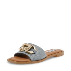 PRICES MAY VARY. Steve Madden Womens .75 inch heel height Denim upper material with hardware Vegan leather lining Synthetic sole Fabric Gift Bags, Sandal Fashion, Curator Style, Heeled Sandals, Slide Sandals, White Leather, Steve Madden, Vegan Leather, Womens Sandals