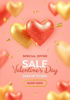 Valentines day sale banner. Couple shining realistic red and gold heart shaped balloons with glitter texture pierced by cupids golden arrow and confetti. Background, flyer, greeting card. Heart Shaped Balloons, Golden Arrow, Valentines Day Sale, Confetti Background, Glitter Texture, Sports Flyer, Sale Banner, Peach Rings, Gummy Candy