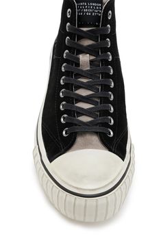 Perforations and a rubber cupsole lend heritage appeal to a high-top sneaker featuring subtle branding on the tongue for added charm. Lace-up style Leather upper/textile lining/rubber sole Imported The Tongue, High Top Sneaker, All Saints, Up Styles, Sneaker Head, Sneakers Black, High Top, High Tops, High Top Sneakers