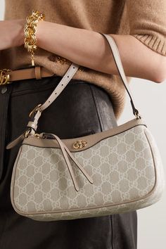 Beige Ophidia embellished textured leather-trimmed printed coated-canvas shoulder bag | GUCCI | NET-A-PORTER Gucci Ophidia Bag, Tas Gucci, Shoulder Bag Outfit, Bags 2022, Sacs Design, Gucci Ophidia, Bag Obsession, Bag Gucci, Fancy Bags