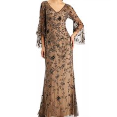 Adrianna Papell V-Neck Bell Sleeve Beaded Floral Gown Long Dress Size 4. Stunning From Shoulder To Shoe, This Adrianna Papell Gown Shimmers And Shines With Intricate Beaded Details And Flowy Bell Sleeves. Bell Sleeves Lined V-Neck; Gown Silhouette Damage To Beading Can Occur During Try-On Or Wear Floor-Length Formal Dress Back Zipper Closure Long Mothers Dress Bohemian, Formal Beaded V-neck Evening Dress, Beaded V-neck Evening Dress For Wedding, Embellished V-neck Maxi Dress For Formal Occasions, Formal Embellished V-neck Maxi Dress, Elegant V-neck Sequin Gown, Embellished V-neck Mother Of The Bride Evening Dress, Embellished V-neck Mother Of The Bride Dress For Evening, Embellished V-neck Evening Dress For Mother Of The Bride