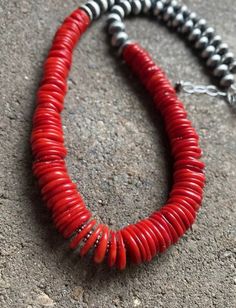 Sterling Silver Red Coral with Navajo Pearls Bead Necklace. 18 inch Western Style Red Jewelry As Gift, Southwestern Red Round Jewelry, Southwestern Style Round Red Jewelry, Red Southwestern Necklace With Adjustable Fit, Adjustable Southwestern Red Necklace, Southwestern Style Adjustable Red Necklace, Artisan Hand-strung Red Jewelry, Southwestern Red Jewelry With Gemstone Beads, Southwestern Style Red Jewelry With Gemstone Beads