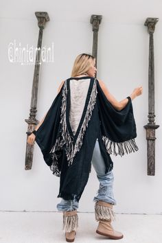 Linen Kimono Jacket Fringe Robe Boho Clothing Women Linen | Etsy Bohemian V-neck Kimono For Party, Bohemian Fitted Cardigan For Party, Fall Festival Open Front Cover-up, Black Shawl Outerwear For Festival, Chic Open Front Cover-up For Festivals, Black Wrap Cover-up For Spring, Black Long Cardigan For Beach, Black Long Cardigan For Summer, Festival Open Front Cover-up