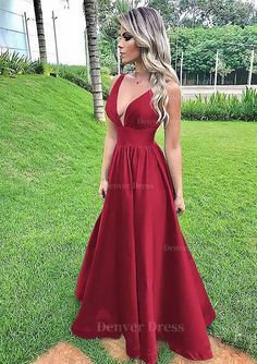 A Line V Neck Sleeveless Long Floor Length Satin Prom Dress Outfits For Women With Pleated Sweep Train Prom Dress, Navy Prom Dresses, Dark Red Dresses, Pleated Gown, Dress With Pleats, Red Dresses Classy, Corset Dress Prom, Mermaid Bridesmaid Dresses, Lace Prom Dress