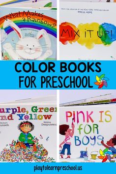 colorful books for preschool with text overlay