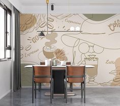 a dining room table with chairs and a wall mural