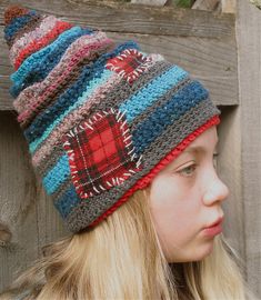 hat. I would not stitch the patches on... love the wonky lines and colors Crochet Peppermint, Forest Hat, Crochet Knit Hat, Hat Ideas, Crochet Hat Pattern, Crochet Beanie