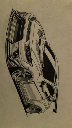 a drawing of a car is shown in black and white