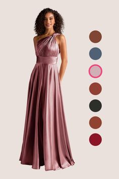 a woman in a long pink dress standing next to color swatches and the colors