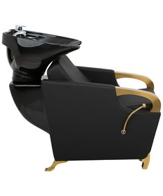 a black and gold reclining chair with a tray on it's back, in front of a white background