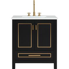 a black and gold bathroom vanity with two doors on one side and a sink on the other