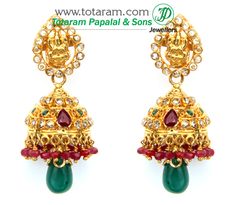 22 Karat Gold 'Lakshmi' Uncut Diamond Jhumkas with Beads , Rubies & Emeralds 
    - 235-DER485 - in 18.700 Grams for USD $2097.39. 
Made in India by Totaram Jewelers Online this product is in Gold - 22 Karat BIS Hallmark 916 KDM Gold  & is an excellent gift for Adult - Women. Ships fully insured with secured guaranteed delivery for free with your order over $250 from New Jersey USA & comes with 30 days exchange policy. Luxury 22k Gold Chandbalis For Festive Occasions, Uncut Diamond Earrings, Diamond Bali, Diamond Jhumkas, Indian Gold Jewellery Design, 22k Gold Earrings, Indian Gold Jewelry, Buy Gold Jewelry, 22k Gold Jewelry