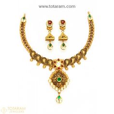 22K Gold Antique Necklace & Drop Earrings Set with Stones - 235-GS2919 - Buy this Latest Indian Gold Jewelry Design in 44.900 Grams for a low price of  $2,559.59 Vintage Gold Round Bridal Necklace, Vintage Yellow Gold Jewelry For Festive Occasions, Vintage Jewelry For Celebration With Jewels, Vintage Jewelry With Intricate Design For Celebrations, Vintage Bridal Necklace With Intricate Design For Celebration, Vintage Jewelry For Celebration With Intricate Design, Vintage Pendant Jewelry For Celebration, Vintage Multicolor Necklaces For Festive Occasions, Vintage Gold Temple Necklace For Celebration