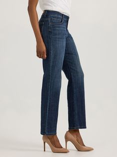 Women’s Stretch Relaxed Fit Straight Leg Jean Denim Blue Straight Fit Mid-rise Cropped Jeans, Mid-rise Straight Fit Denim Blue Cropped Jeans, Straight Fit Mid-rise Denim Blue Cropped Jeans, Mid-rise Straight Fit Cropped Jeans In Denim Blue, Denim Blue Cropped Jeans With Straight Hem For Work, Mid-rise Denim Blue Cropped Jeans, Classic Relaxed Fit Cropped Jeans In Denim Blue, Mid-rise Cropped Jeans In Denim Blue, Medium Wash Workwear Jeans With Standard Cut