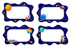 four frames with space images on them for children's birthdays or baby showers