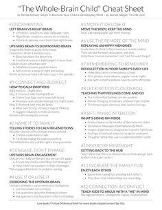 (The Cheat Sheet For Growth-Minded Parents) ——— 1. Connect and redirect to calm emotions 2. Name it to Tame it 3. Engage, Don’t Enrage 4. Use it or Lose it 5. Move it or Lose it 6. Use the remote of the mind 7. Remembering to Remember 8. Let emotion clouds roll 9. SIFT 10. Exercise Mindsight 11. Increase the family fun 12. Connection in Conflict ——— Credits: Daniel Siegel, Tina Bryson, Montelores Early Childhood Council Name It To Tame It, Crucial Conversations Cheat Sheet, The Whole Brain Child, Therapy Modalities, Daniel Siegel, The Cheat Sheet, Whole Brain Child, Psychology Studies