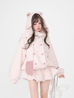 Size: S, Color: Pink Coat Kawaii Outfit Ideas, Short Pollera, Korean Clothes, Cute Coats, Hooded Scarf, Pink Coat, Fur Scarf, Sweet Lolita, Reference Photos