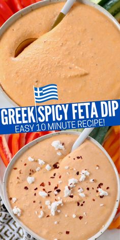 roasted red pepper feta dip in bowl with spoon topped with feta cheese crumbles and red pepper flakes Fire Feta Dip, Greek Chicken Dip, Gyro Dip Recipe, Spicy Gyro Sauce, Spicy Greek Sauce, Feta Sauce Recipe, Dips With Pita Bread, Feta Cream Sauce