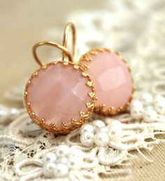 Pink blush Rose quartz gemstone earrings - 14k gold filled earrings with pink powder gemstone Party Rose Gold Gemstone Earrings, Feminine Earrings With Ear Wire As Gift, Pink Elegant Clip-on Earrings For Anniversary, Elegant Jeweled Earrings For Anniversary, Elegant Pink Clip-on Earrings For Anniversary, Elegant Jeweled Earrings Gift, Pink Gemstone Round Earrings, Delicate Pierced Round Earrings, Delicate Pink Pierced Earrings