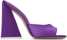 Satin heeled sandals in purple. · Open square toe · Strap at vamp · Logo printed in green at padded leather footbed · Covered triangular block heel with rubber injection · Leather sole · Heel: H4 in Supplier color: Violet Modern Purple Open Toe Heels, Purple High Heel Sandals With Sculpted Heel, Purple Open Toe Heels With Sculpted Heel, Purple Sculpted Heel Summer Heels, Modern Purple Heels For Evening, Purple Sculpted Heel Spring Heels, Purple Square Toe Heels For Party, Purple Square Toe Heels For Formal Occasions, Purple Sculpted Heel For Spring