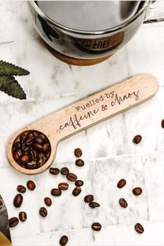 wooden coffee spoon engraved with the phrase fuelled by caffeine and chaos Time For Coffee, Coffee Lovers Gift