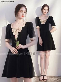 10% off now|Retro Bow Knot Square Neckline Black Party Dress with Sleeves at GemGrace. Click to learn our pro custom-made service for wedding dress, formal dress. View Homecoming Dresses for more ideas. Stable shipping world-wide. Evening Dresses With Bow And Square Neck, Square Neck Evening Dress With Bow, Retro Square Neck Party Dress, Black Dress With Bow And Short Sleeves, Black A-line Dress With Bow, Black Short Sleeve Dress With Bow, Black Knee-length Dress With Bow, Party Dress With Sleeves, Party Dresses With Sleeves