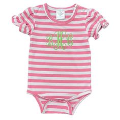 Pink monogram ruffle sleeve outfit summer outfits for beach, birthday party outfit, and sunny  days.  This Love That Cotton one piece bodysuit is embroidered with a name or monogram, made of cotton knit fabric made of 95% cotton and 5% spandex, has snaps in the crotch, round collar with binding, cute, ruffled sleeves that are gathered with elastic.  Kaileys Monogram Shop will glady send this cute customized bodysuit directly to the gift recipient with your special gift note included. Your custom Playful Short Sleeve Bodysuit For Spring Playtime, Summer Cotton Onesie With Ruffles, Beach Cotton Onesie With Ruffles, Summer Cotton Bubble Romper With Ruffle Sleeves, Cotton Bubble Romper With Ruffle Sleeves For Summer, Spring Cotton Bubble Romper With Ruffle Sleeves, Pink Playful Short Sleeve Bodysuit For Spring, Playful Pink Short Sleeve Bodysuit For Spring, Playful White Short Sleeve Bodysuit For Spring