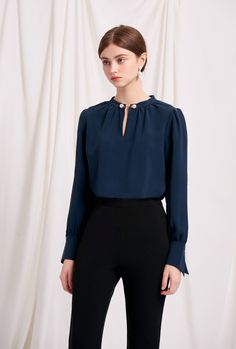 Petite Studio's Buvette Pearl Blouse in Navy - Women's Fashion Witchy Librarian, Blue Blouse Outfit, Business Attitude, Librarian Fashion, Pearl Blouse, Dressy Clothes, Dark Blue Blouse, High Fashion Clothing, Shirt Design Ideas