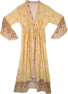 This exquisite kimono dress is crafted from soft, spun rayon, featuring a floral pattern in gentle hues of peach, yellow, and brown.  The design offers a deep V-neckline, wide sleeves, and a flowing skirt that falls gracefully to the ankles. #tlb #vacationclothing #beachwrap #Fall #Floral #Printed #bohemianfashion #XLPlus #SummerDress #westerndress Flowy Bohemian V-neck Kimono, V-neck Floral Print Kimono For Fall, Flowy Floral Print V-neck Kimono, Yellow V-neck Boho Dress For Spring, Yellow Boho Dress With Floral Print For Vacation, Bohemian V-neck Kimono For Spring, Spring Boho Print Maxi Kimono, Floral Print V-neck Kimono For Brunch, Spring Boho Print Maxi Length Kimono