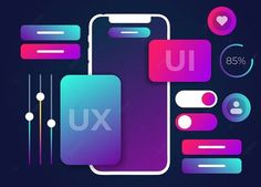 the ux logo is displayed on an iphone screen with colorful shapes and bubbles around it