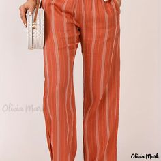 Olivia Mark - Plus Size Casual Pants, Women's Plus Stripe Print Shirred Waist High Rise Wide Leg Trousers With Pockets Casual Red Wide Leg Summer Pants, Orange Pants With Pockets For Day Out, High Waist Red Pants For The Beach, Red Wide Leg Pants For Beach, Red Trousers For Beach, Red Wide-leg Beach Pants, Casual Orange Wide Leg Pants, Red Wide-leg Vacation Pants, Red Wide-leg Pants For Vacation