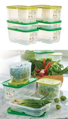 several plastic containers are stacked on top of each other with vegetables in the bottom one