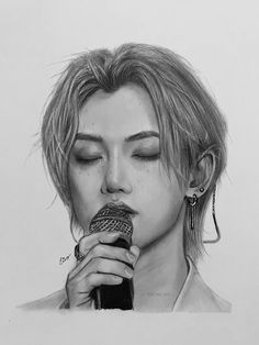 a pencil drawing of a woman holding a microphone in her right hand and looking down