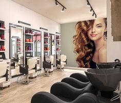 a salon with lots of chairs and hair dryers