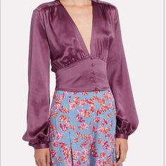 Nwt Divine Heritage Button Up Deep V Plunge Silk Blouse In Color Lilac Wine, Size Xs! Purchased From Intermix Never Been Worn Will Steam Before Sending :) Retails For $298 Chic V-neck Top With Button Closure, Chic V-neck Top With Buttons, V-neck Tops With Buttons For Night Out, V-neck Buttoned Top For Party, V-neck Party Top With Buttons, Elegant V-neck Top With Back Button Closure, V-neck Button Top For Night Out, Elegant Tops With Buttons For Date Night, Chic Blouse With Back Button Closure For Parties