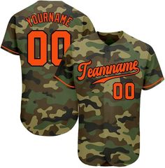 a camo baseball jersey with an orange name and number on the chest, in front of