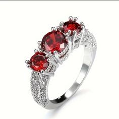 Lovely Simulated Ruby Set In Vintage Silver Plated Setting. Elegant Red Crystal Ring For Party, Formal Red Three Stone Rings, Red Crystal Party Ring, Silver Three-stone Ruby Ring, Silver Ruby Ring With Three Stones, Red Three Stone Ruby Ring Gift, Red Three Stone Jewelry For Promise Ring, Ruby Set, Platinum Diamond Rings