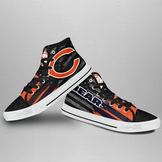 Chicago Bears High Top Shoes Custom American Flag Sneakers Full canvas double sided print with rounded toe construction. Lace-up closure for a snug fit. Metal eyelets for a classic look Soft textile lining with lightweight construction for maximum comfort. High quality outsole for traction and exceptional durability. Design by GearWanta Please allow 10-15 business days to receive a tracking number while your order is hand-crafted, packaged and shipped from our facility. Estimated shipping time i American Flag Aesthetic, Flag Aesthetic, American Flag Design, Cartoon Shoes, Shoes Custom, Shoe Tags, Soft Textiles, Boots And Sneakers, Chicago Bears