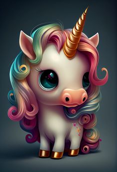 an adorable unicorn with colorful hair and big eyes is shown in this digital painting style