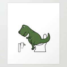 a green dinosaur sitting on top of a toilet