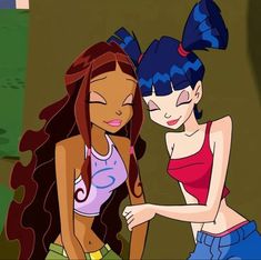 two cartoon characters one with blue hair and the other wearing pink, standing next to each other