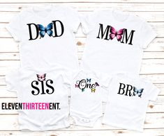 "Cute Matching Butterfly Family Birthday T Shirts For Dad, Mom, Grandpa, Grandma, Sister and Brother 0-3 Months to Size Adult 4XL - You can change the colors of the letters in the picture. Just choose from the available colors that are located in the images. Please read the entire listing before ordering. Make sure to contact me with any questions you may have. Are you looking for really cute matching Family birthday shirts for your Butterfly themed birthday? If so, look no further. These are th Multicolor Summer Birthday Shirt, White Shirt For Birthday And Mother's Day, Customizable White Tops For Spring, Printed White T-shirt For Birthday, White Printed T-shirt For Birthday, Printed Cotton T-shirt For Birthday, Butterfly Family, 1st Birthday Pictures, Gender Reveal Shirts