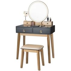 an image of a dressing table with mirror and stool