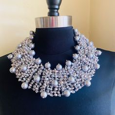 Chic Statement Pearl Necklace Is Made By Hand Using Fresh Water Pearls, Facetted Crystals, Glass Beads And Faux Pearls, Mixed With A Variety Of Smaller Beads And Pearls. Looks Beautiful With Strapless Attire, Evening Wear And Jewel-Neck Tops. Length: Adjustable From 50 To 57 Cm (19.68" - 22.44") Base Width: 5.5cm (2.16") Length Of 925 Silver Chain: 7 Cm (2.75") Clasp: Sterling Silver - 925 Silver Weight: 500 Gr (17.6 Oz Or 1.1 Lbs) Nwot - Never Worn Silver Round Beaded Metal Necklace, Silver Necklaces With Round Beads For Party, Silver Necklace With Round Beads For Party, Sterling Silver Crystal Jewelry For Evening, Silver Pearl Jewelry For Party, Luxury Silver Necklace For Evening, Luxury Gray Jewelry For Formal Occasions, Gray Luxury Jewelry For Formal Occasions, Silver Beaded Sterling Silver Pearl Necklace