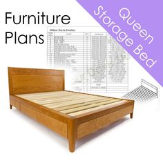 the queen size bed is made up with wooden slats