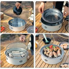 four pictures showing how to use an outdoor grill