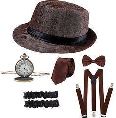 PRICES MAY VARY. You will Receive -- 1 x 1920s Manhattan fedora hat, 1 x gangster armbands, 1 x vintage pocket watch, 1 x suspenders Y-back trouser braces, 1 x pre tied bow tie, 1 x gangster tie 1920s Accessories for Men -- Perfect for Great Gatsby themed party. The toy pocket watch looks like real because it have some weight and had a little clasp to open it like a real pocket watch. Great Gatsby Accessories -- Cute bow tie and necktie is made by smooth satin, comfortable and easy to wear. Clas Gatsby Party Outfit For Men, 1920s Mens Costume, Great Gatsby Accessories, Gangster Costume, Gatsby Party Outfit, Bugsy Malone, Prohibition Party, Gangster Costumes, Gatsby Accessories